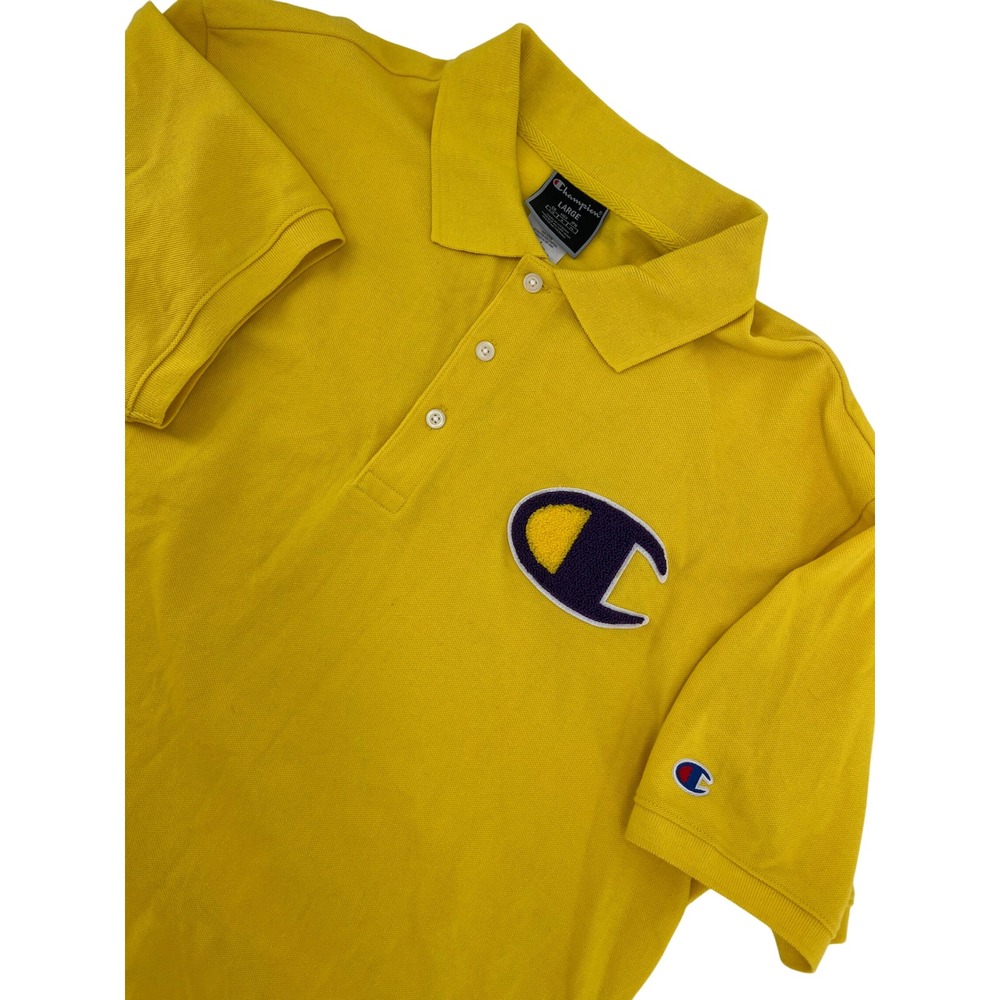 Champion Yellow Polo Shirt Men's Large‎ Classic Logo Patch Short Sleeve Casual